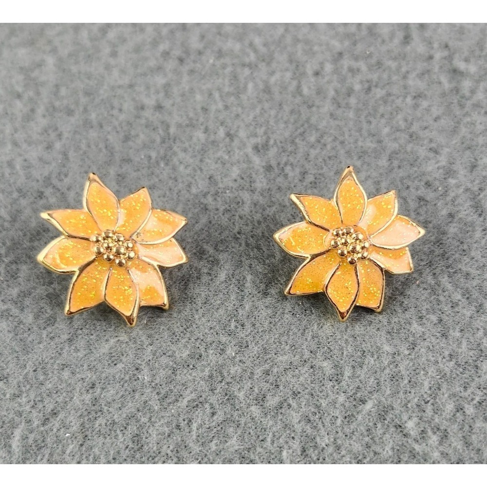 Vintage Orange Enamel Glitter Poinsettia Clip On Earrings Gold Tone Floral Studs